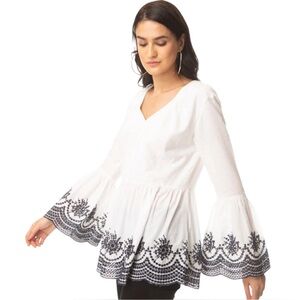 Myra Bag Elegant White with intricate Black Embroidery flared long sleeves top